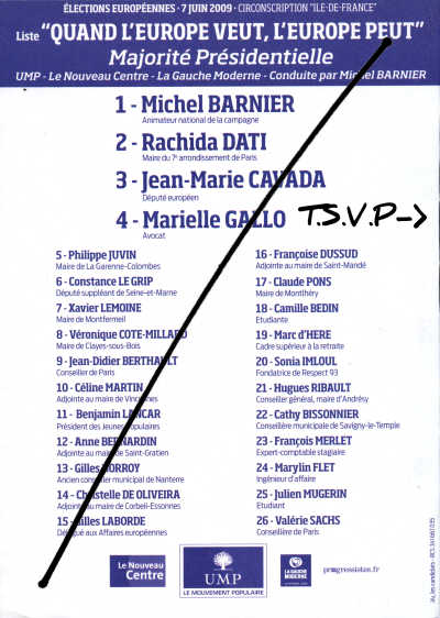 Bulletin de vote de l'union pour un mouvement populaire barré d'un trait et portant la mention : t.s.v.p